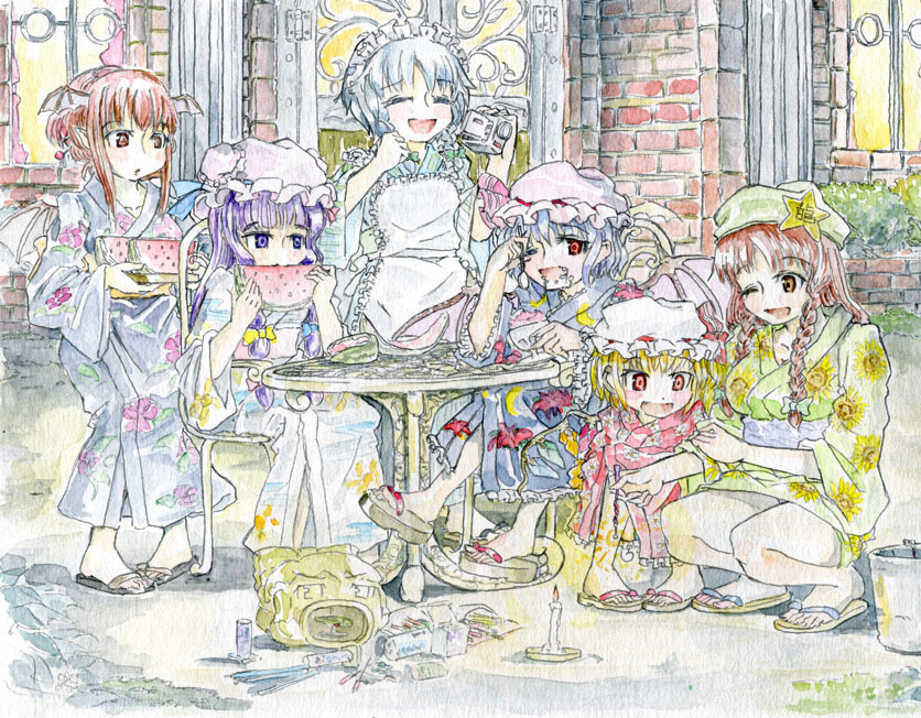 alternate_costume alternate_hairstyle bat_wings blonde_hair brown_eyes camera candle eating flandre_scarlet food fruit gate hakurei_reimu hat head_wings hong_meiling izayoi_sakuya japanese_clothes kimono koakuma maid_headdress master_(4th) multiple_girls one_eye_closed patchouli_knowledge pointy_ears purple_eyes purple_hair red_eyes remilia_scarlet sandals short_hair side_ponytail silver_hair spoon table touhou traditional_media watercolor_(medium) watermelon wings yukata yukkuri_shiteitte_ne