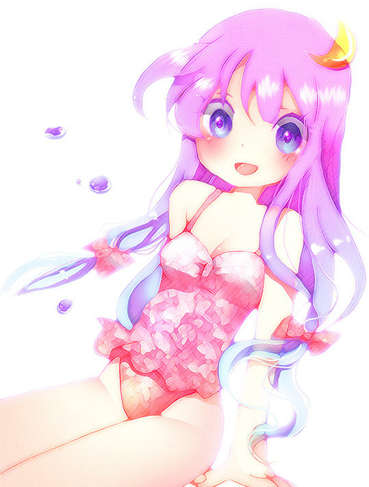 blue_eyes crescent crescent_hair_ornament hair_ornament koro_(artist) long_hair one-piece_swimsuit patchouli_knowledge purple_hair solo swimsuit touhou