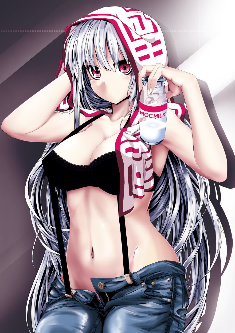 adapted_costume armpits bangs black_bra bra breasts carton casual cleavage closed_mouth contemporary denim drying drying_hair expressionless fujiwara_no_mokou groin highres hips jeans large_breasts lingerie long_hair looking_at_viewer milk milk_carton navel pants red_eyes red_hair satou_samu silver_hair solo standing straight_hair suspenders touhou towel towel_around_neck towel_on_head unbuttoned underwear unzipped very_long_hair
