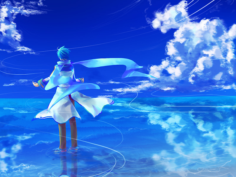 bad_id bad_pixiv_id blue blue_hair blue_scarf cloud day k-ko kaito male_focus reflection salt_flats scarf sky solo standing standing_on_liquid vocaloid water wind