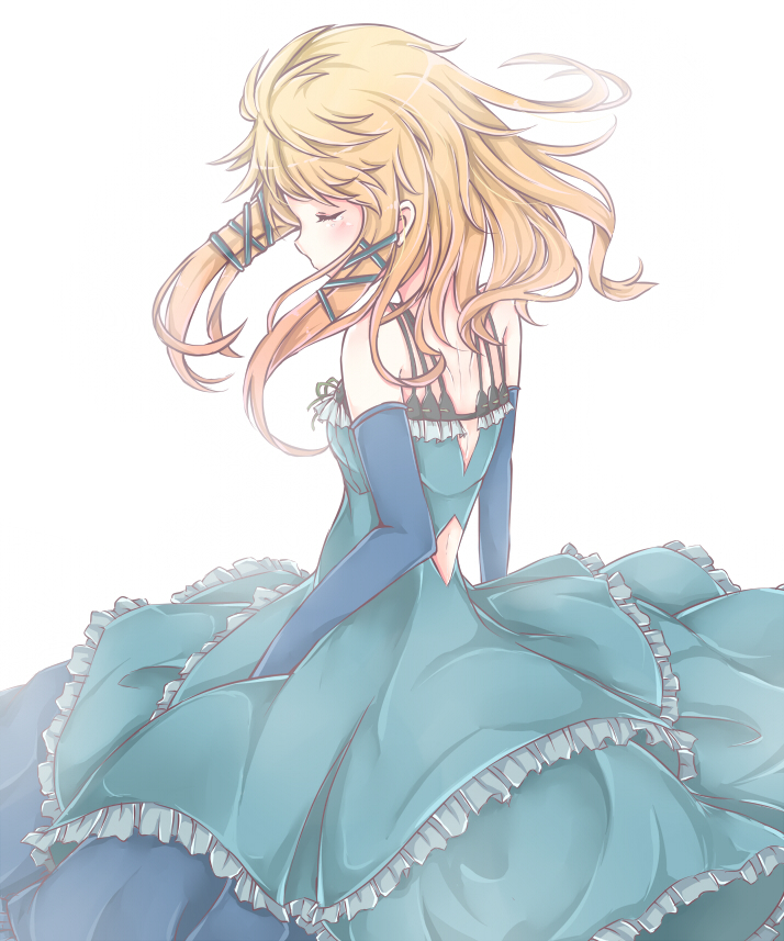 bare_shoulders black_bullet blonde_hair blue_gloves closed_eyes closed_mouth dress elbow_gloves frilled_dress frills from_behind gloves green_dress hair_ornament long_hair looking_down mo_(k40633) solo tina_sprout x_hair_ornament