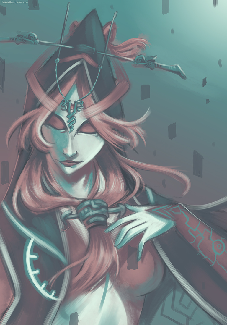 blue_skin closed_eyes eyeshadow forehead_jewel front_ponytail hood lips long_hair makeup midna midna_(true) nose orange_hair pointy_ears solo spoilers the_legend_of_zelda the_legend_of_zelda:_twilight_princess tiuana_rui