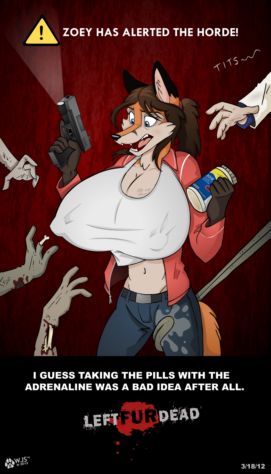 2 belt big_breasts blue_eyes bone breasts brown_hair canine cleavage clothed clothing erect_nipples fanine flashlight fox gun hair huge_breasts left_4_dead_(series) light long_tongue mammal navel nick nick_(left_4_dead) nipples open_mouth pills pistol ranged_weapon smoker_(left_4_dead) teeth tongue trigger_discipline uhoh undead valve video_games weapon wolfjedisamuel zoe zoey_(left_4_dead) zombie