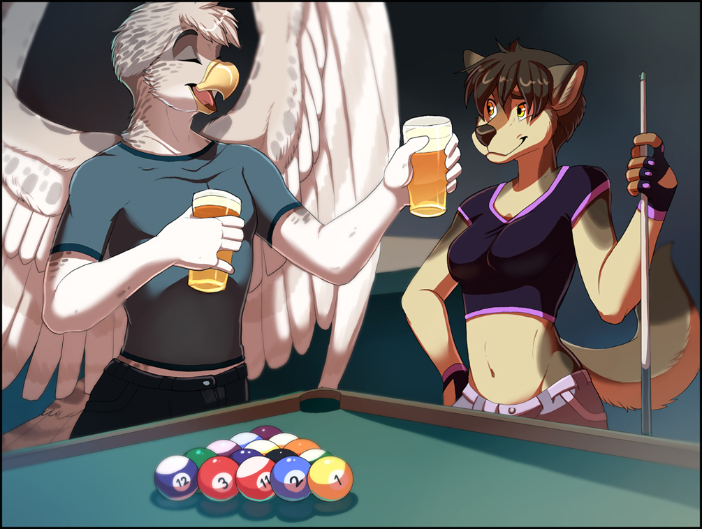 aethial alcohol anthro avian beer beverage breasts brown_hair canine clothed clothing duo eyes_closed female fur gryphon hair male mammal midriff open_mouth roanoak sandra tongue wolf