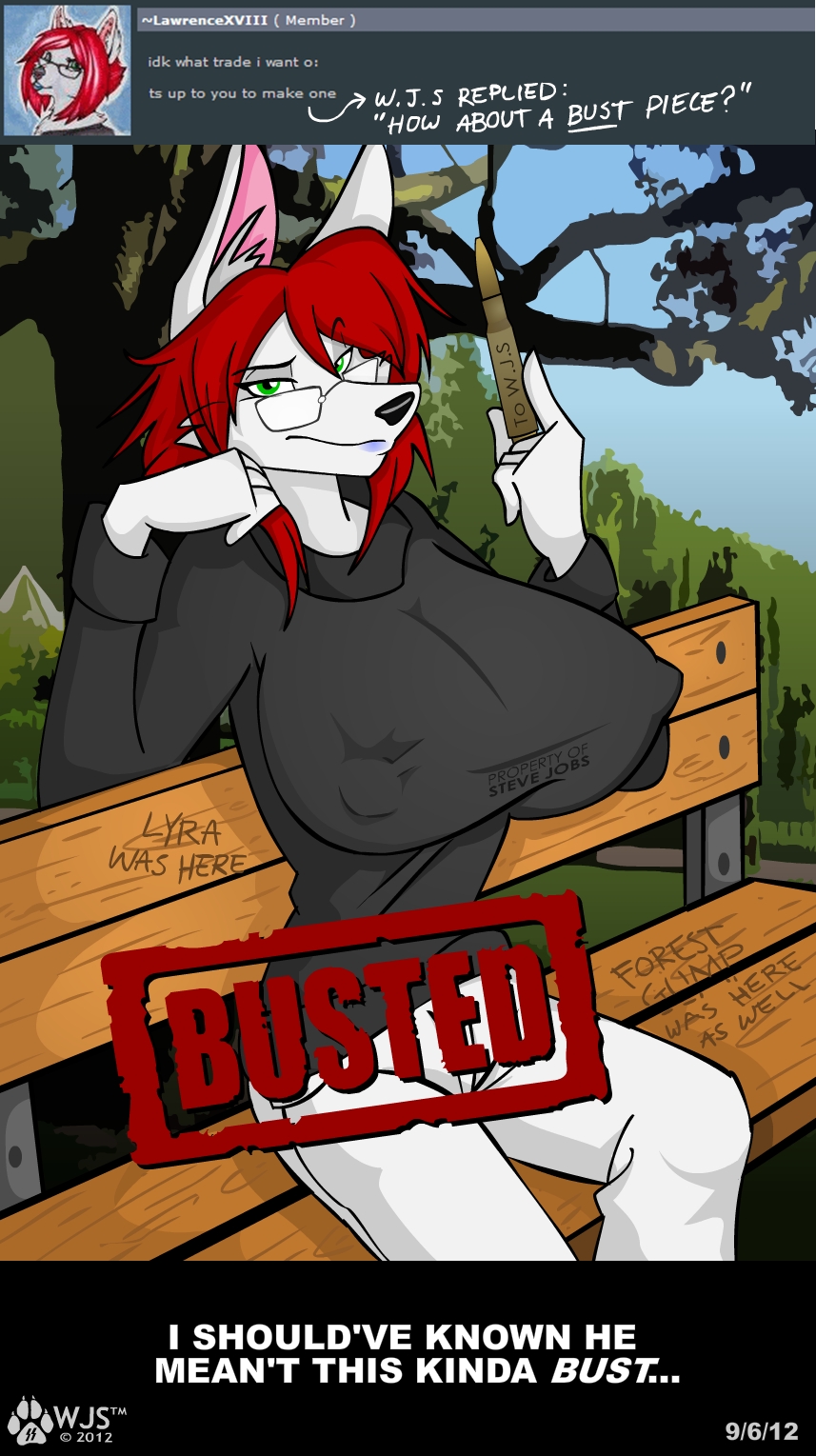 bench breasts bullet canine carving clothed clothing english_text erect_nipples eyewear female glasses green_hair hair looking_at_viewer mammal nipples red_hair shell sitting solo text tree wolf wolfjedisamuel