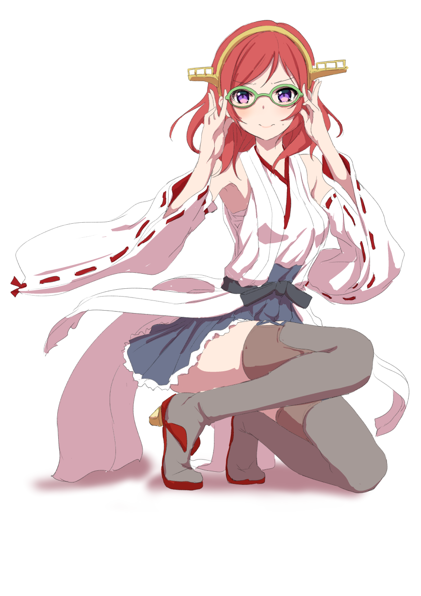 3: adjusting_eyewear bare_shoulders bespectacled blush boots clearite cosplay detached_sleeves glasses hairband highres japanese_clothes kantai_collection kirishima_(kantai_collection) kirishima_(kantai_collection)_(cosplay) looking_at_viewer love_live! love_live!_school_idol_project nishikino_maki purple_eyes red_hair short_hair skirt solo squatting thigh_boots thighhighs v-shaped_eyebrows