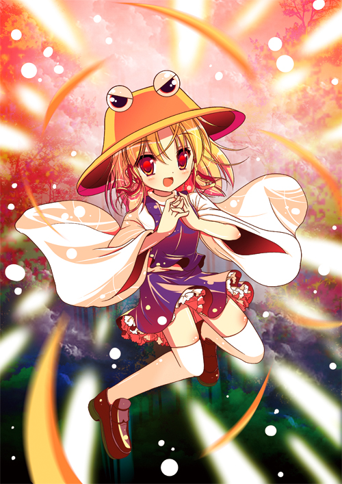 :d blonde_hair frog_eyes gradient_eyes hair_ornament hair_ribbon hands_clasped hat moriya_suwako multicolored multicolored_eyes open_mouth own_hands_together ribbon shiwasu_horio short_hair smile solo thighhighs touhou white_legwear wide_sleeves zettai_ryouiki