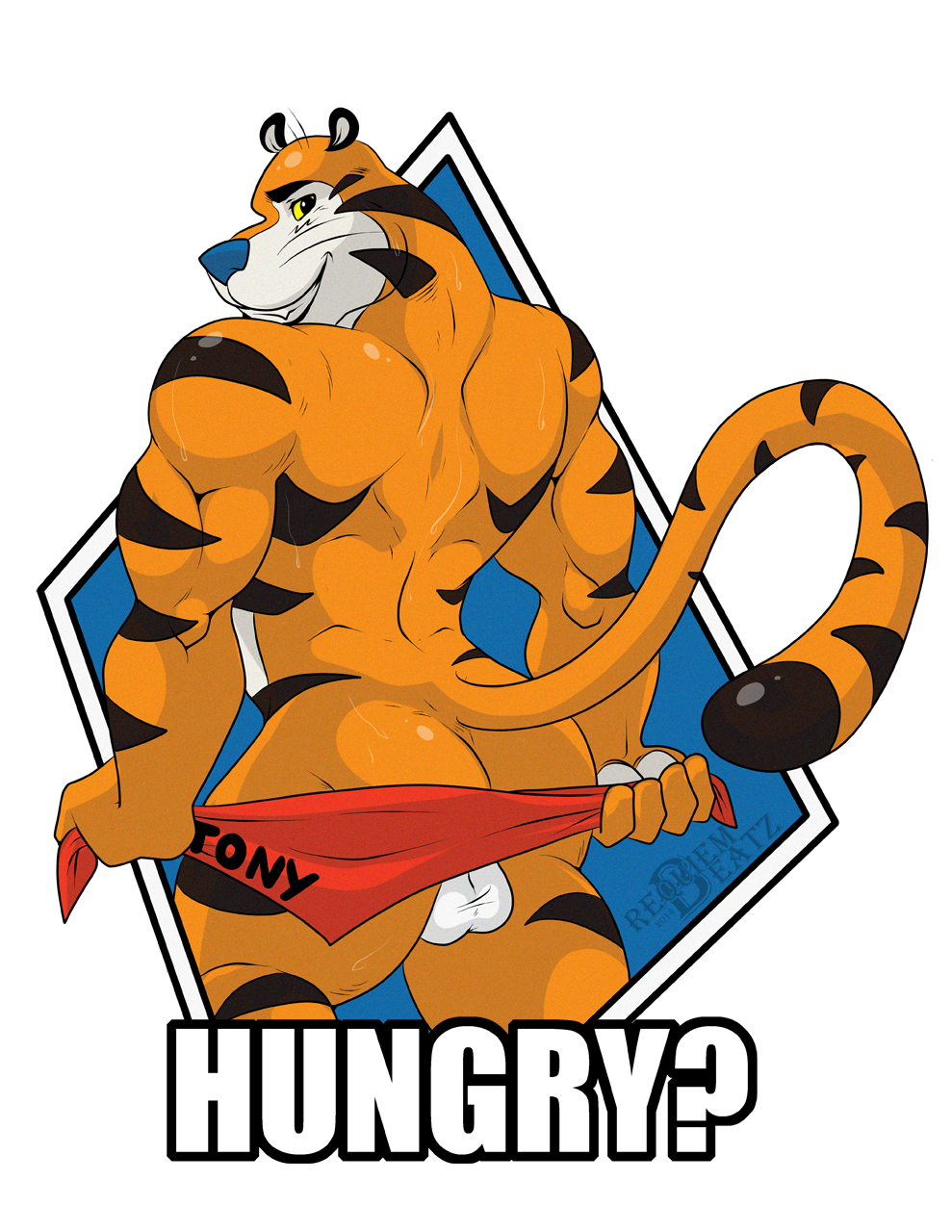 anthro balls biceps butt feline frosted_flakes kellogg's kellogg's looking_at_viewer looking_back male mammal mascot mooning muscles nude requiembeatz solo text tiger tony_the_tiger