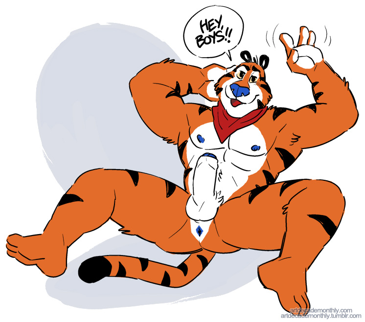 anthro anus artdecade balls biceps erection feline humanoid_penis kellogg's kellogg's looking_at_viewer male mammal mascot muscles nude open_mouth penis seated solo text tiger tony_the_tiger uncut