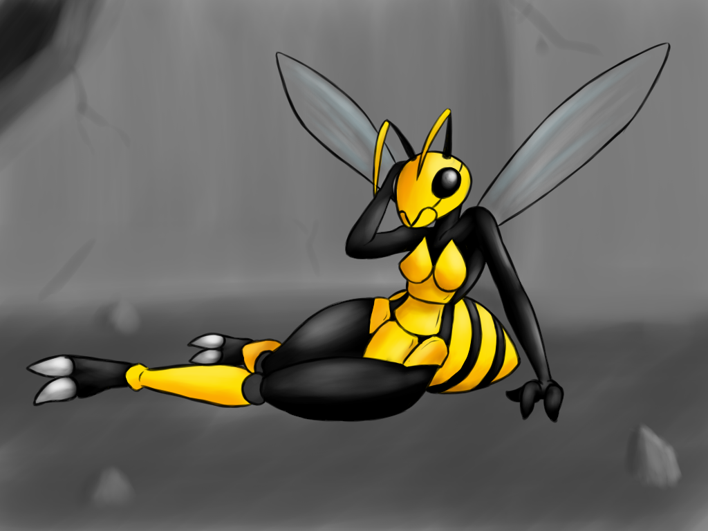 anthro arthropod bee breasts claws female gnollykins insect insectoid pincers plain_background pose solo wings