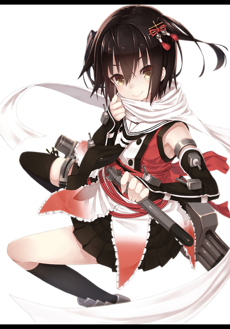 bangs black_legwear black_neckwear black_skirt brown_eyes brown_hair commentary_request double-breasted elbow_gloves from_above gloves hair_between_eyes hair_ornament holding holding_torpedo kantai_collection letterboxed looking_at_viewer neckerchief pleated_skirt remodel_(kantai_collection) scarf sendai_(kantai_collection) short_hair simple_background skirt sleeveless smile solo takuan_(takuan0907) torpedo two_side_up white_background white_scarf