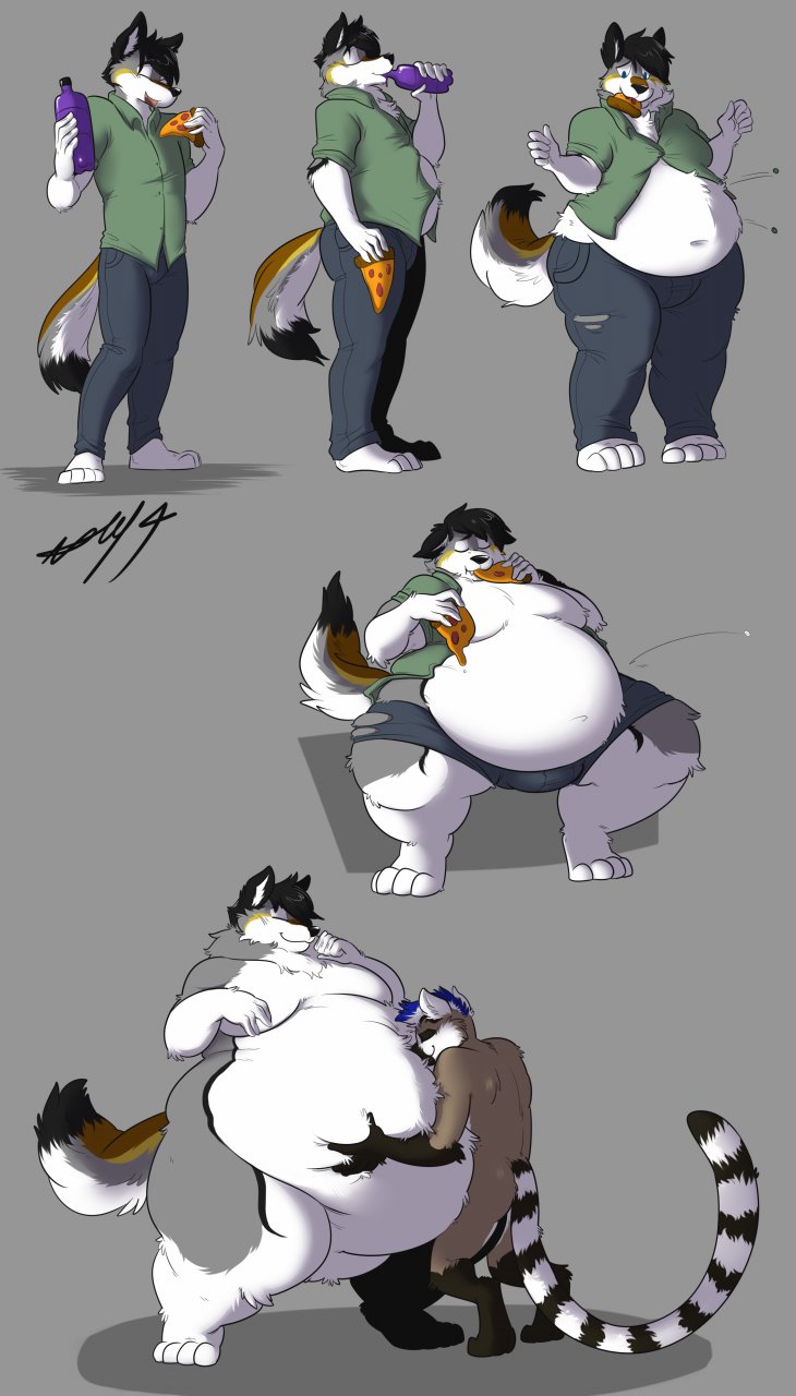 anthro barefoot belly belly_overhang belly_rub big_belly black_fur black_hair blue_hair brown_fur button_pop canine cappuccino clothing drinking duo eating eyes_closed food fur grey_fur hair holding_beverage holding_food holding_object hyper hyper_belly lemur love_handles male male/male mammal moobs navel nude obese obese_male open_mouth overweight overweight_male pizza primate ringtail sequence simple_background slava_(slavawolf) smile standing straining_buttons thick_thighs torn_clothing vincent_vontrap weight_gain white_fur wide_hips wolf