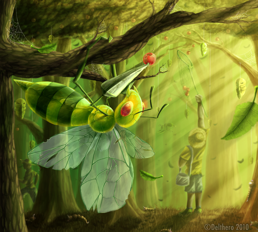 arthropod beedrill bug_catcher delthero forest fruit grass group hanging hat horn human insect kakuna mammal net nintendo pincers pok&#233;mon pok&eacute;mon red_eyes spider_web stinger stripes tree video_games weedle wings young