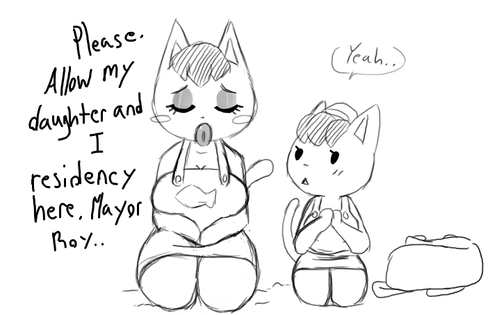 2017 animal_crossing anthro apron blush breasts cat cleavage clothed clothing daughter dialogue dress duo eyelashes eyes_closed eyeshadow feline female fur hair kaitlin_(animal_crossing) katie_(animal_crossing) kneeling lipstick makeup mammal monochrome mother mother_and_daughter nintendo open_mouth parent roy_mccloud simple_background speech_bubble text video_games white_background young