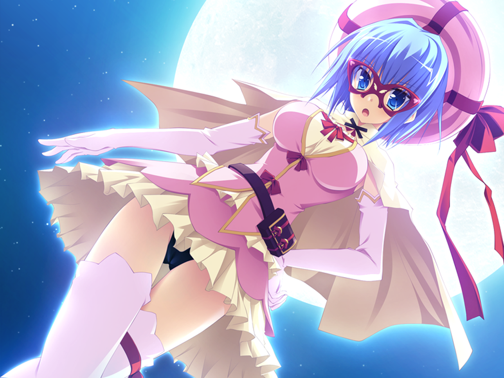 blue_eyes blue_hair cape dress game_cg glasses gloves hat miyoshi_ran moon night nimura_yuushi osananajimi_wa_daitouryou panties ribbons short_hair sky stars thighhighs underwear