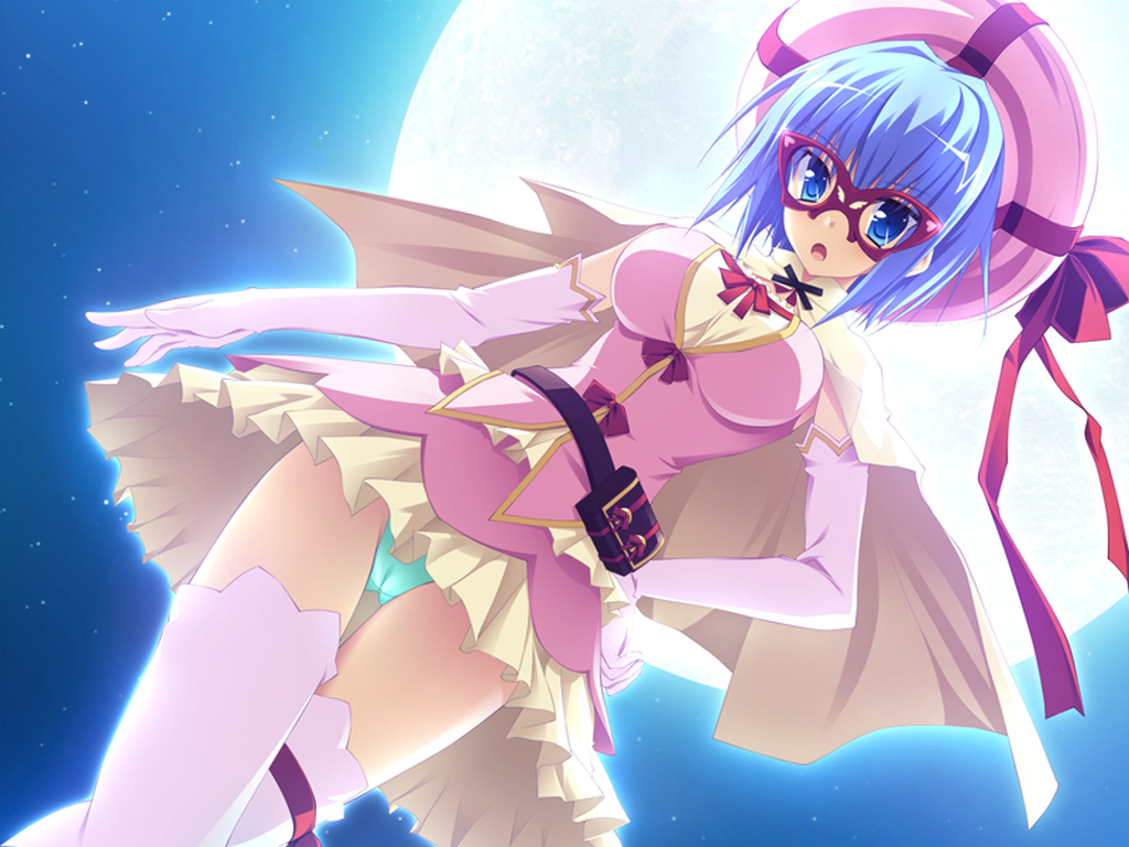 blue_eyes blue_hair cape dress game_cg glasses gloves hat miyoshi_ran moon night nimura_yuushi osananajimi_wa_daitouryou panties ribbons short_hair sky stars thighhighs underwear