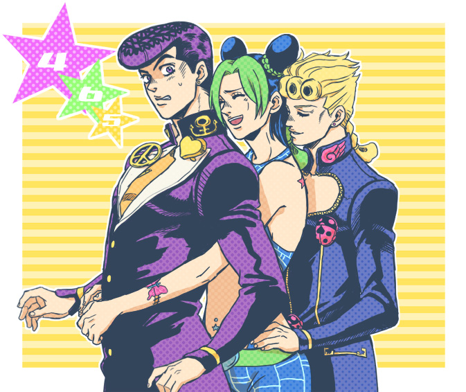 2boys blonde_hair double_bun giorno_giovanna green_hair higashikata_jousuke jojo_no_kimyou_na_bouken kuujou_jolyne multiple_boys nora_(act2) pompadour purple_hair time_paradox