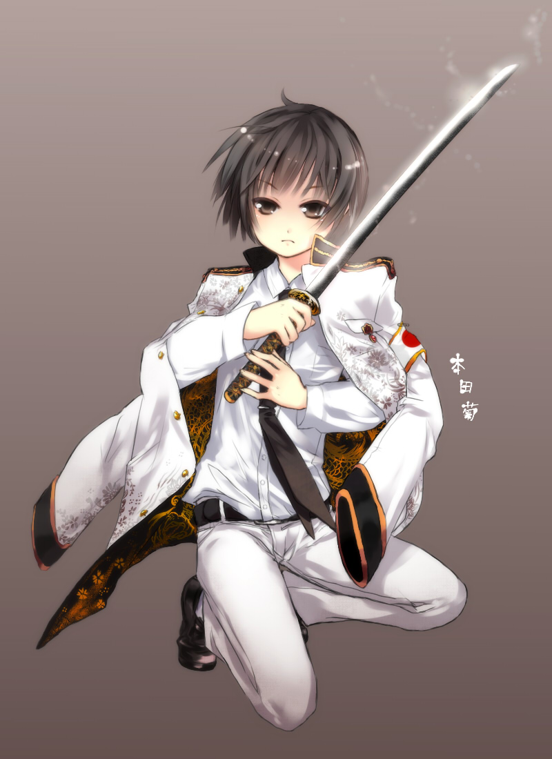 armband axis_powers_hetalia bad_id bad_pixiv_id black_hair brown_eyes japan_(hetalia) japanese_clothes katana kneeling male_focus military military_uniform necktie rori_(artist) safety_pin solo sword uniform weapon