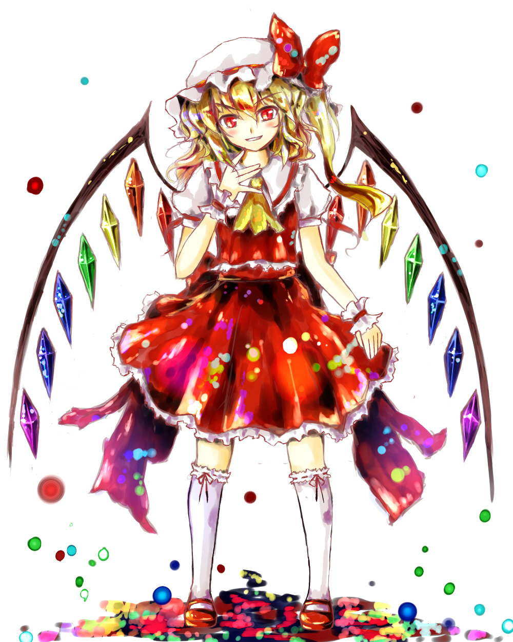 bad_id bad_pixiv_id blonde_hair dress flandre_scarlet hat highres one_side_up ponytail rainbow_order red_dress red_eyes short_hair solo touhou wings wrist_cuffs yuna_gram