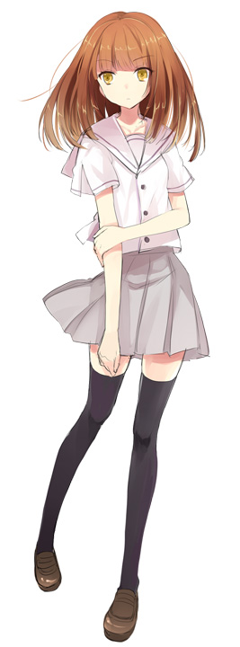 1girl black_legwear brown_hair female hime_cut koto_(colorcube) loafers long_hair looking_at_viewer orange_eyes original pleated_skirt school_uniform shoes simple_background skirt solo standing standing_on_one_leg straight_hair thighhighs uniform white_background zettai_ryouiki