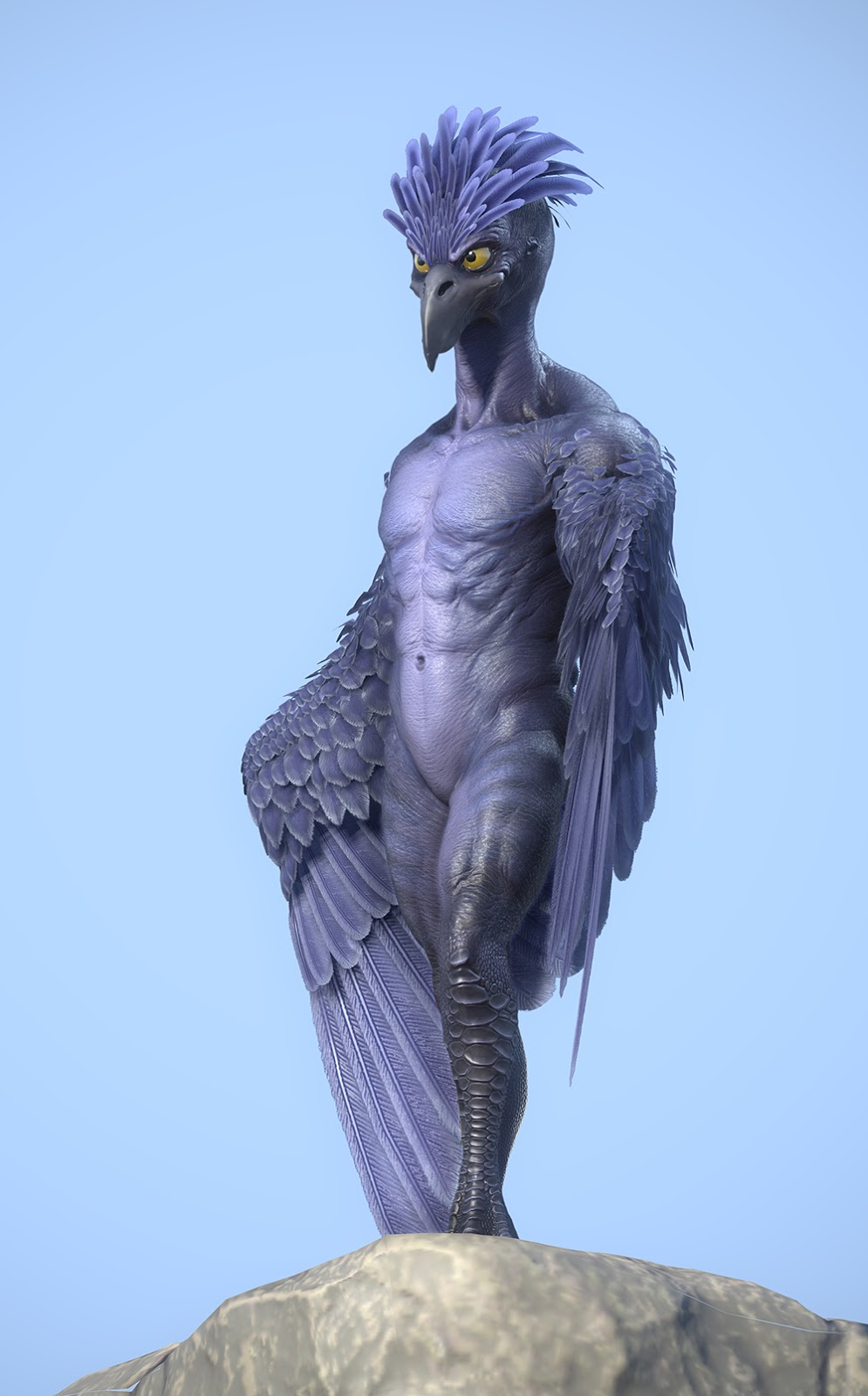 3d abs ambiguous_gender anthro avian beak biceps bird black_beak blue_feathers cgi feathers male muscles navel nude pecs plain_background pose purple_feathers realistic_wings simple_background solo standing toned wings yellow_eyes