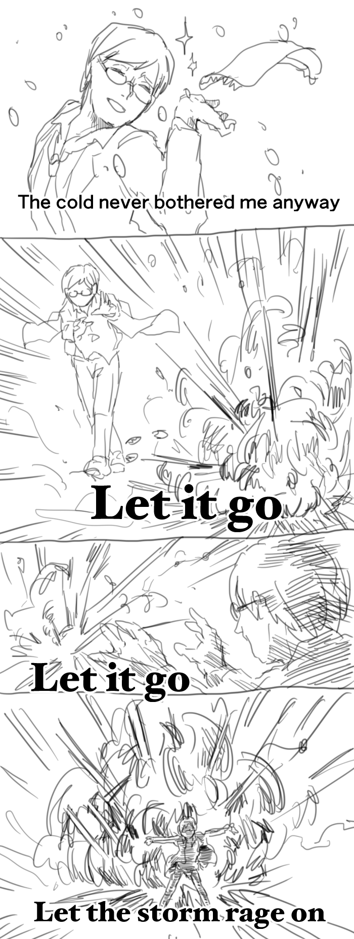 4koma closed_eyes comic commentary_request english explosion frozen_(disney) glasses greyscale highres jacket long_sleeves lyrics monochrome necktie open_clothes open_jacket outstretched_arm outstretched_arms scarf scp_foundation seneo silhouette simple_background sketch sparkle subtitled walking white_background wind