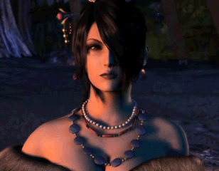 3d animated animated_gif black_hair breasts cg cgi cleavage final_fantasy final_fantasy_x fur_collar hair_over_one_eye jewelry lowres lulu lulu_(final_fantasy) necklace nighttime square_enix walking_towards_viewer