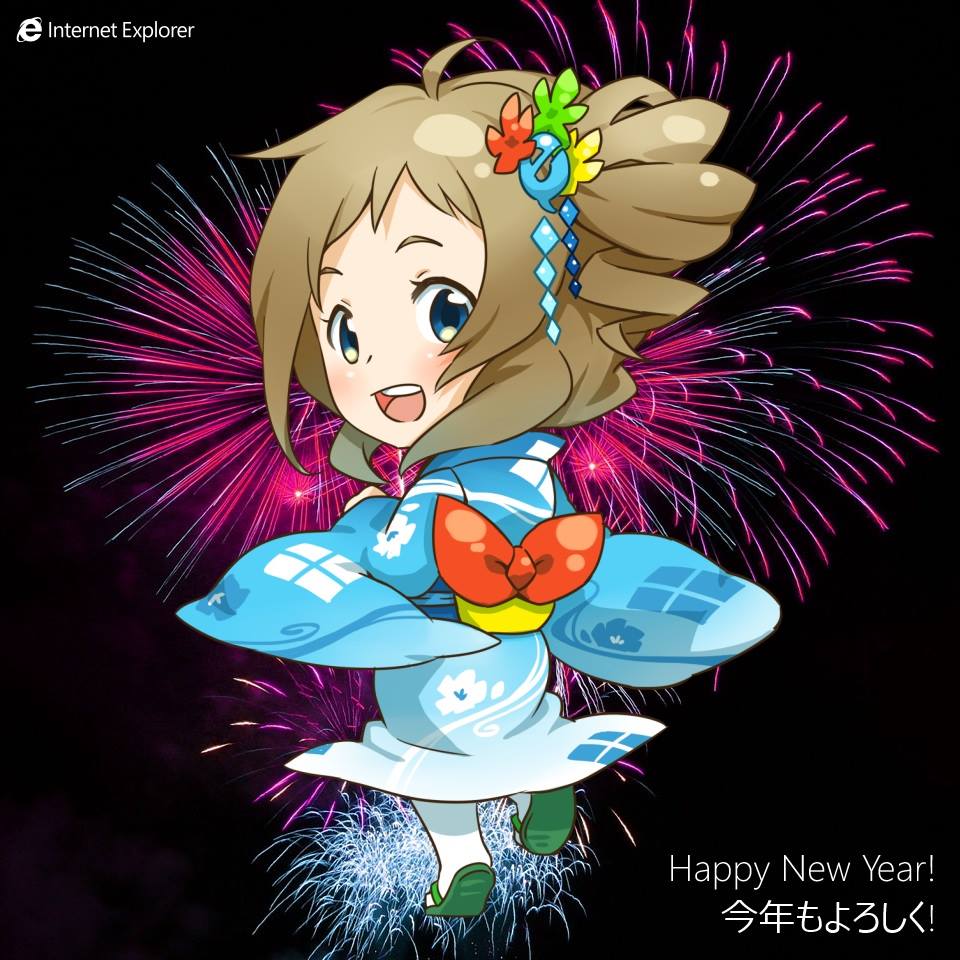 :d ahoge aizawa_inori black_background blue_eyes blue_kimono blush brown_hair chibi commentary fireworks floral_print from_behind hair_ornament happy_new_year internet_explorer japanese_clothes kimono looking_at_viewer looking_back new_year official_art open_mouth os-tan personification sandals side_ponytail simple_background smile solo wide_sleeves yukata