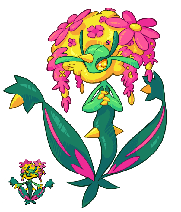 florges flower full_body fusion gen_5_pokemon gen_6_pokemon hands_clasped horn looking_at_viewer maractus no_humans own_hands_together pink_flower pixel_art pixelated pokemon pokemon_(creature) simple_background white_background yellow_eyes