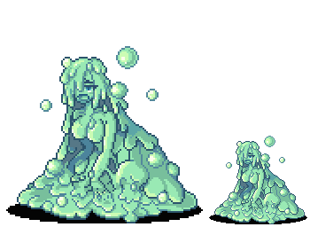breasts bubble bubble_slime_(monster_girl_encyclopedia) exet goo_girl large_breasts lowres monster_girl monster_girl_encyclopedia open_mouth pixel_art sad slime solo transparent_background