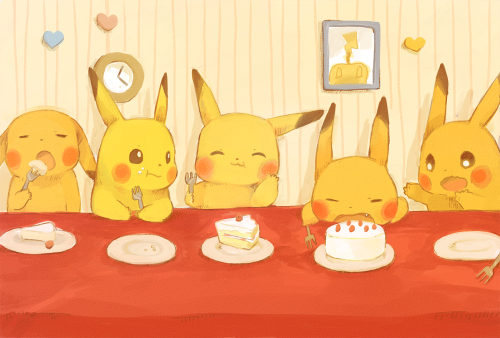 cake clock closed_eyes eating fang food food_on_face fork gen_1_pokemon heart no_humans omelette_(chako3) open_mouth pikachu plate pokemon pokemon_(creature) slice_of_cake table