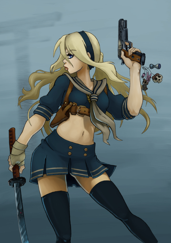 ashvey baby_doll_(sucker_punch) bandages black_legwear blonde_hair blue_eyes contrapposto crop_top dual_wielding gun hairband handgun holding holster katana lips long_hair midriff navel pistol school_uniform serafuku shoulder_holster skirt solo standing sucker_punch sword thighhighs weapon zettai_ryouiki