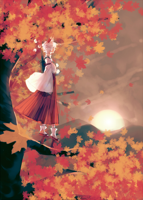 autumn autumn_leaves brown evening from_side full_body hakama in_tree inubashiri_momiji japanese_clothes leaf maple_leaf red_hakama scenery short_hair solo standing_on_branch sun sunlight sunset tian_(my_dear) touhou tree white_hair wide_sleeves youkai_mountain