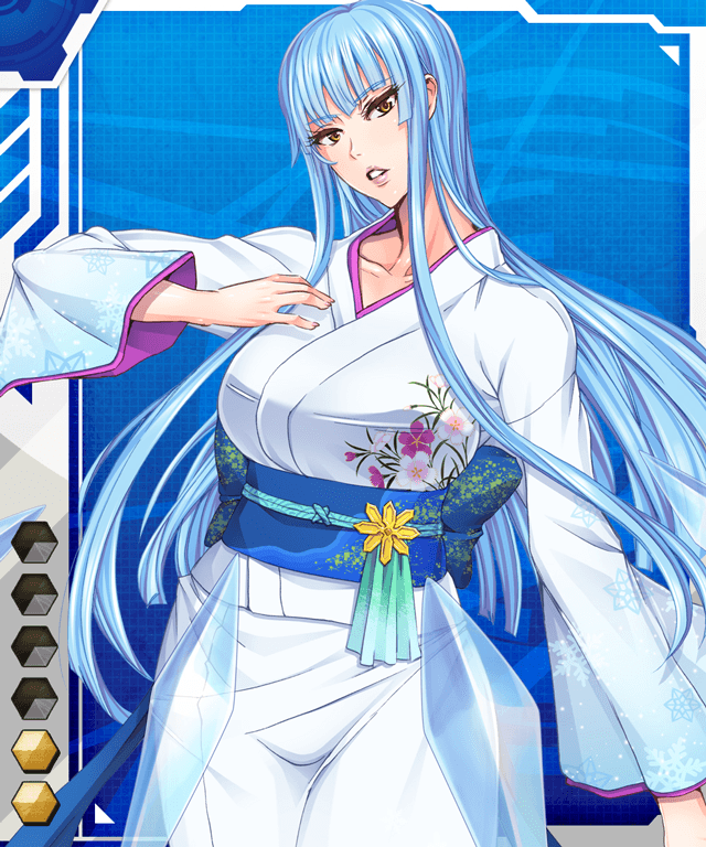 blue_hair card_(medium) fei_(maidoll) female japanese_clothes kimono lilith-soft long_hair solo taimanin_asagi taimanin_asagi_battle_arena yellow_eyes yukionna_inochi