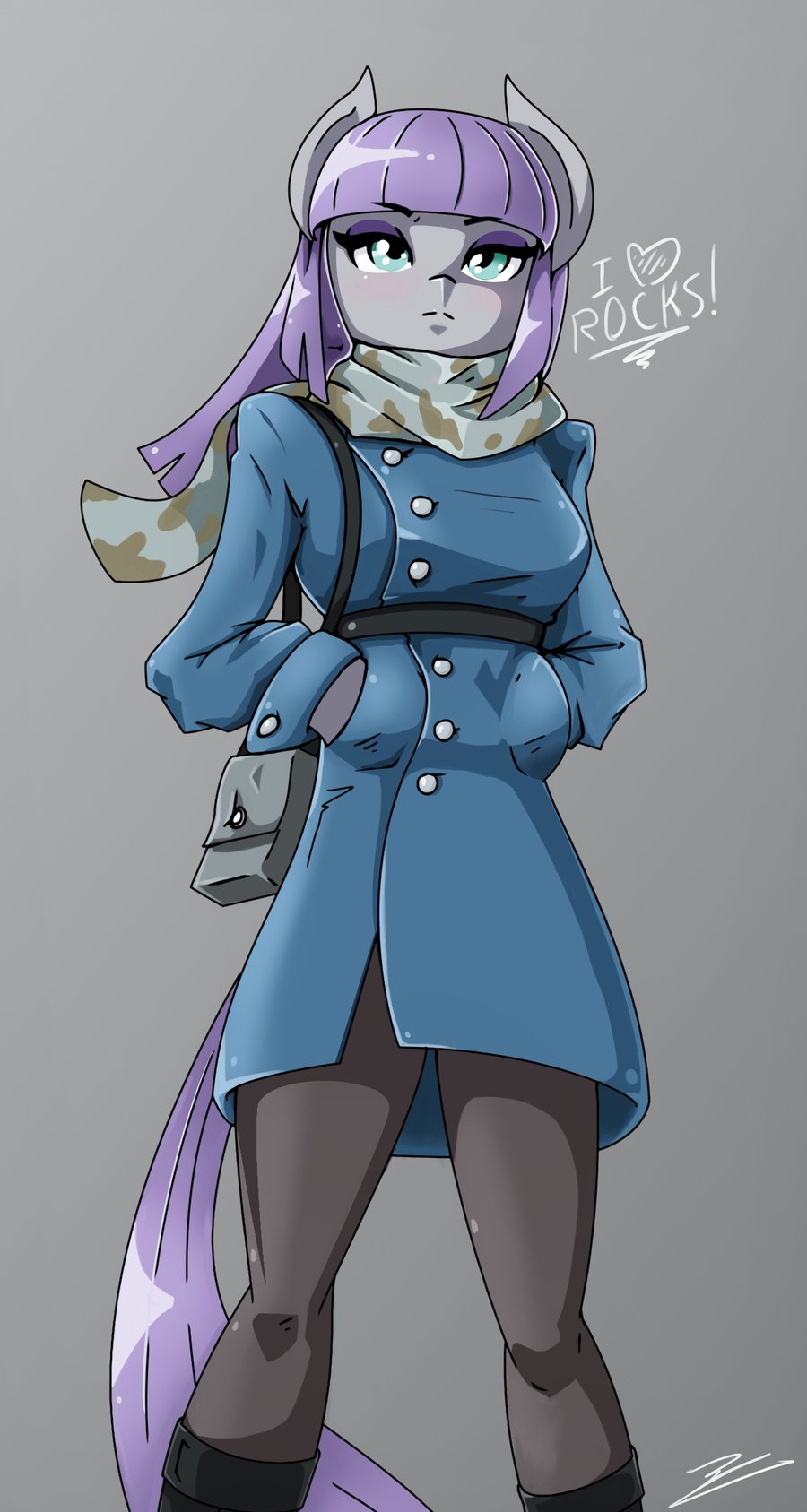 anthro anthrofied blue_eyes clothed clothing coat english_text equine europamaxima female friendship_is_magic grey_background hair horse mammal maud_pie_(mlp) my_little_pony plain_background pony purple_hair purse scarf signature solo standing text