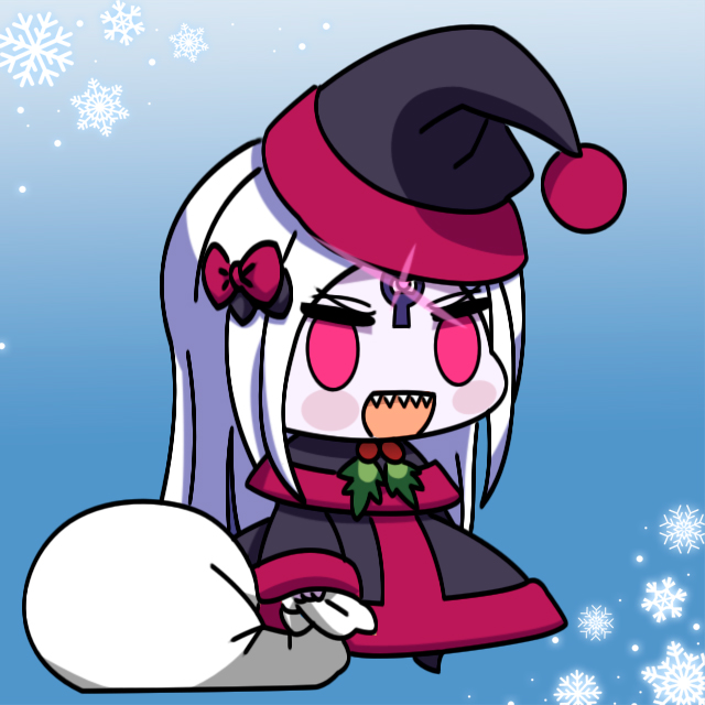 1girl :d abigail_williams_(fate/grand_order) alternate_costume bangs black_bow black_capelet black_dress black_hat blush_stickers bow capelet chibi dress eyebrows_visible_through_hair fate/grand_order fate_(series) full_body glowing hair_bow hat holding holding_sack long_hair long_sleeves looking_at_viewer maximilian-destroyer meme open_mouth padoru pale_skin parted_bangs pink_eyes red_bow sack santa_costume santa_hat sharp_teeth silver_hair sleeves_past_wrists smile snowflakes solo teeth v-shaped_eyebrows very_long_hair wide_sleeves