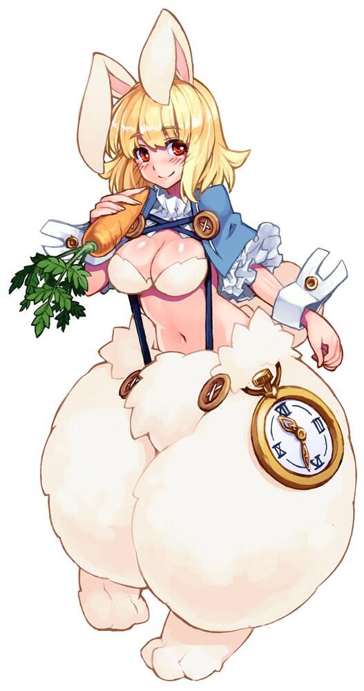 animal_ears blonde_hair blush breasts bunny_ears bunny_tail carrot chain cleavage clock full_body kenkou_cross large_breasts looking_at_viewer monster_girl monster_girl_encyclopedia official_art red_eyes short_hair simple_background solo tail wererabbit white_background