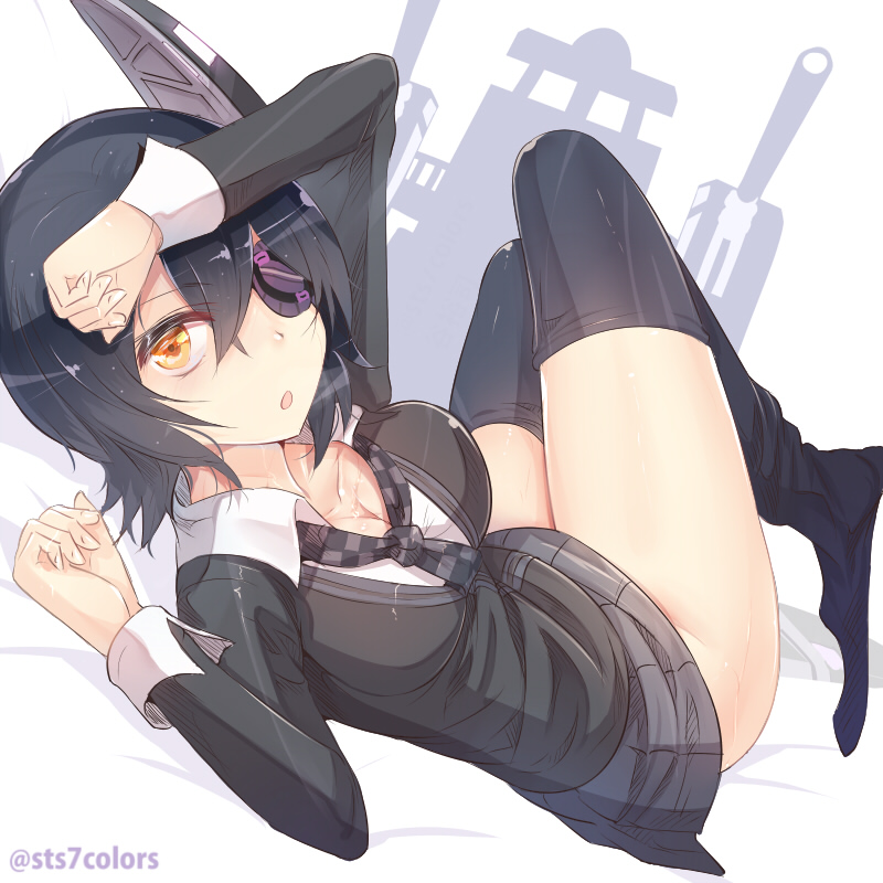 :o ass black_hair black_legwear breasts cardigan eyepatch headgear kantai_collection large_breasts looking_at_viewer lying necktie no_panties on_back orange_eyes school_uniform short_hair solo sts tenryuu_(kantai_collection) thighhigh_dangle thighhighs twitter_username
