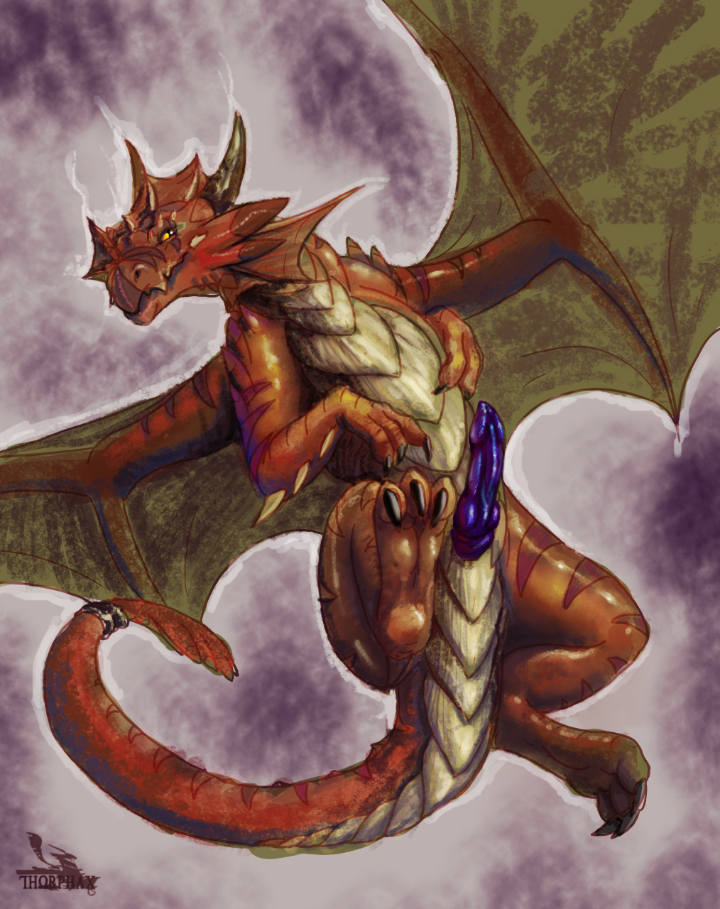 claws cloaca collaboration dragon erection feral flying hindpaw horn male markings paws penis purple_penis red_body red_markings scalie solo spread_wings thorphax_(artist) winddragon wings