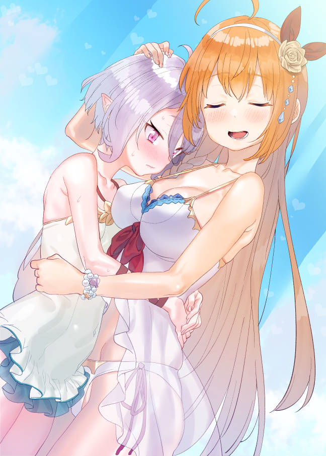 2girls bare_shoulders blush bracelet breasts cleavage covered_navel dress groin hairband hug jewelry kokkoro_(princess_connect!) long_hair multiple_girls open_mouth orange_hair pecorine princess_connect!_re:dive purple_eyes purple_hair see-through short_hair sleeveless sleeveless_dress small_breasts smile subachi sweatdrop white_dress