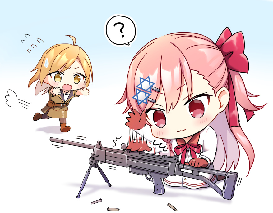 2girls :3 ? ahoge assault_rifle bipod blush brown_hair bullet commentary commentary_request flying_sweatdrops galil_(girls_frontline) girls_frontline gloves gun hair_ornament hexagram hitting imi_galil kneeling long_hair machine_gun multiple_girls negev_(girls_frontline) open_mouth pink_hair red_eyes ribbon rifle side_ponytail simple_background speech_bubble spoken_question_mark star_of_david suya2mori2 sweatdrop weapon yellow_eyes younger