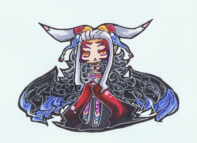 chibi dress female final_fantasy final_fantasy_viii fur_collar grey_hair horns long_dress long_hair makeup pachepache1228 red_dress silver_hair simple_background solo super_deformed traditional_art ultimecia wings