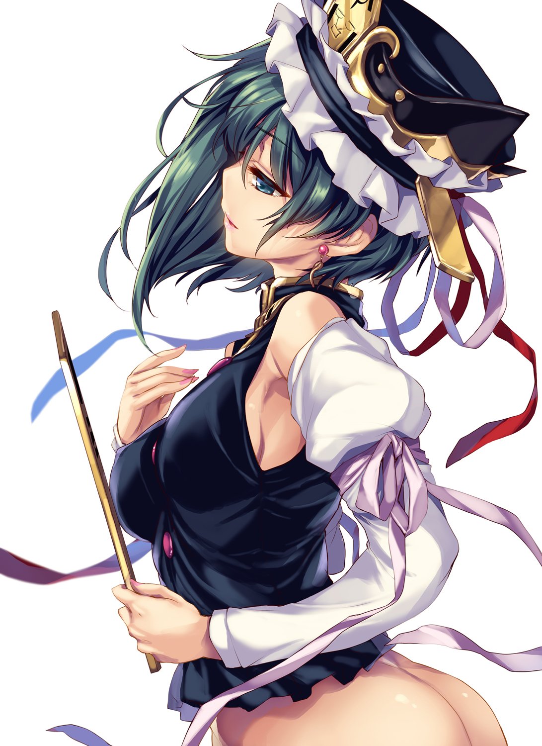 1girl adapted_costume arm_ribbon ass bangs blue_hat blue_vest bottomless breasts commentary_request cowboy_shot detached_sleeves earrings eyebrows_visible_through_hair frilled_hat frills from_side green_eyes green_hair hair_between_eyes hand_up hat hat_ribbon highres jewelry medium_breasts moneti_(daifuku) monety nail_polish parted_lips pink_lips pink_nails profile red_ribbon ribbon rod_of_remorse shiki_eiki shikieiki_yamaxanadu short_hair simple_background solo touhou vest white_background white_ribbon
