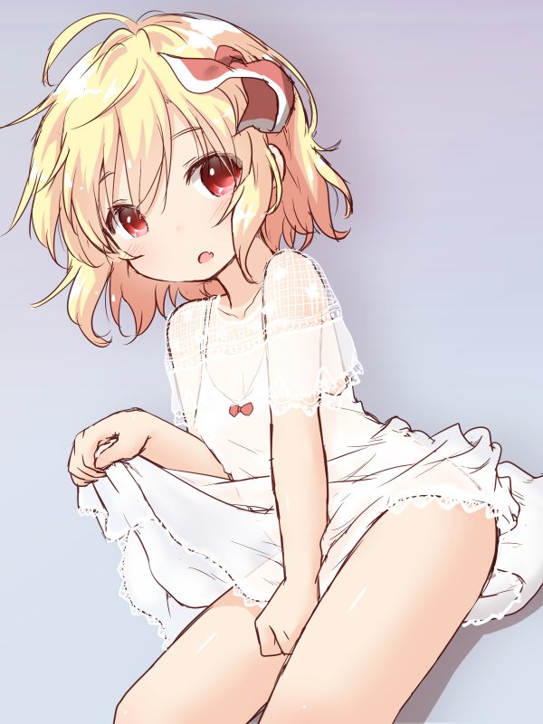 1girl alternate_costume bare_arms bare_legs blonde_hair bow collarbone dress gradient hair_ribbon looking_at_viewer natsu_no_koucha purple_background red_bow red_ribbon ribbon rumia see-through short_hair sitting sketch skirt_hold solo touhou white_dress
