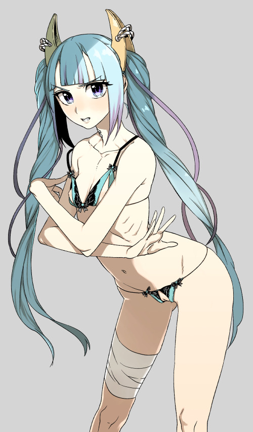 bangs bare_shoulders bikini blue_hair blush breasts collarbone crotch_cutout eyebrows eyelashes female grey_background hair_ornament ishida-masamune_kiriko kbtmsboy leaning_forward long_hair multicolored_hair navel nipple_cutout nipples pussy revealing_clothes ribs scowl shinken!! simple_background skinny small_breasts solo standing swimsuit twintails very_long_hair
