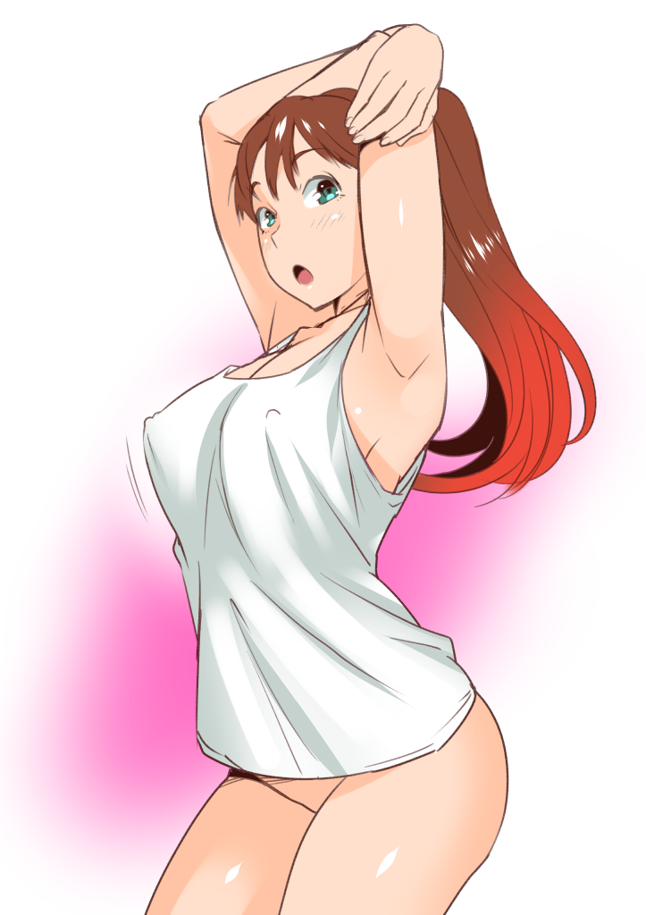 arms_up bad_id bad_twitter_id blush bottomless breasts brown_hair character_request cleavage covered_nipples gradient gradient_background green_eyes large_breasts long_hair ojo_(dfreak) open_mouth ponytail simple_background solo tank_top