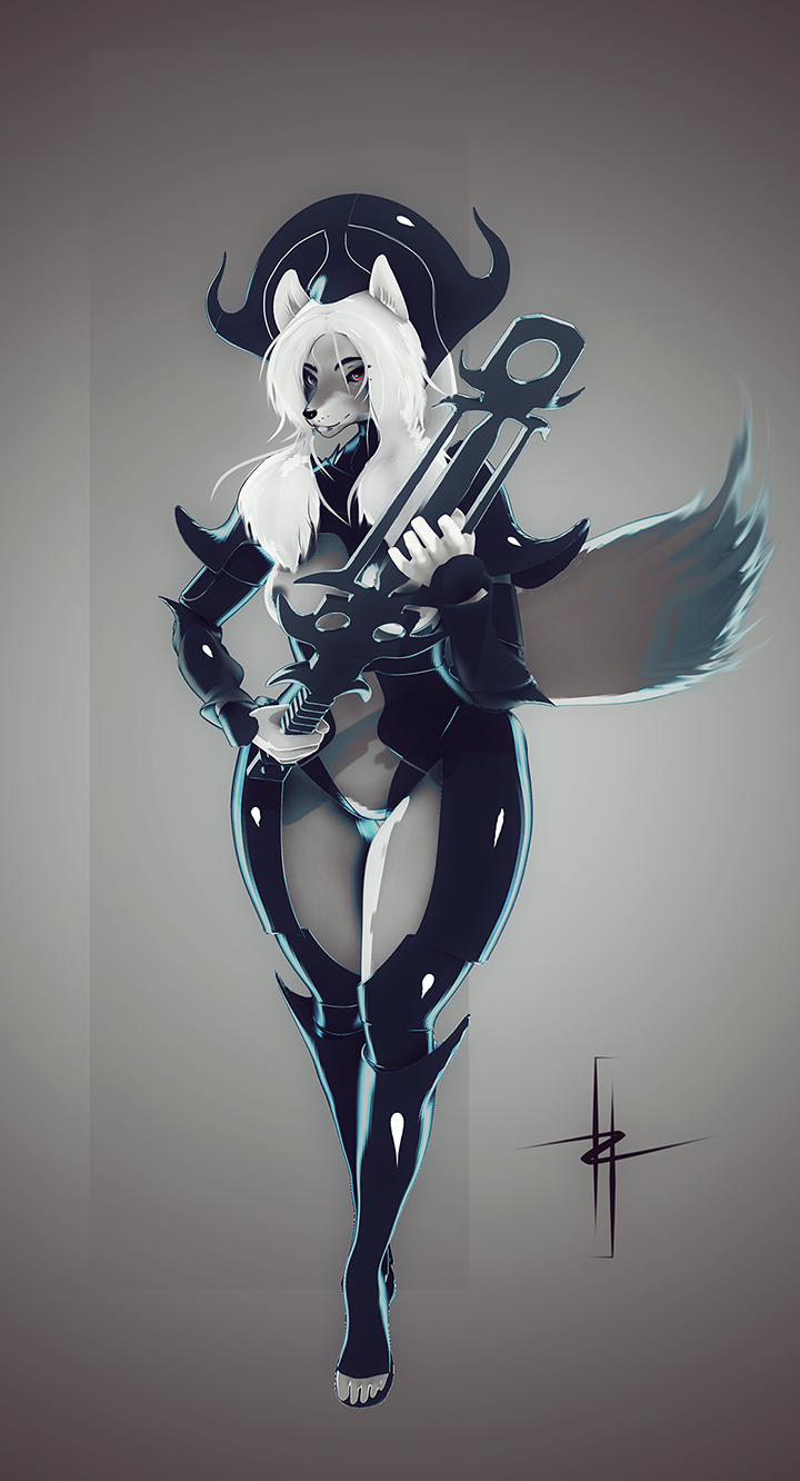anthro armor bdsm breasts canine dogson female fur grey_fur hair long_hair mammal mixed_media nipples partially_clothed solo white_hair wolf