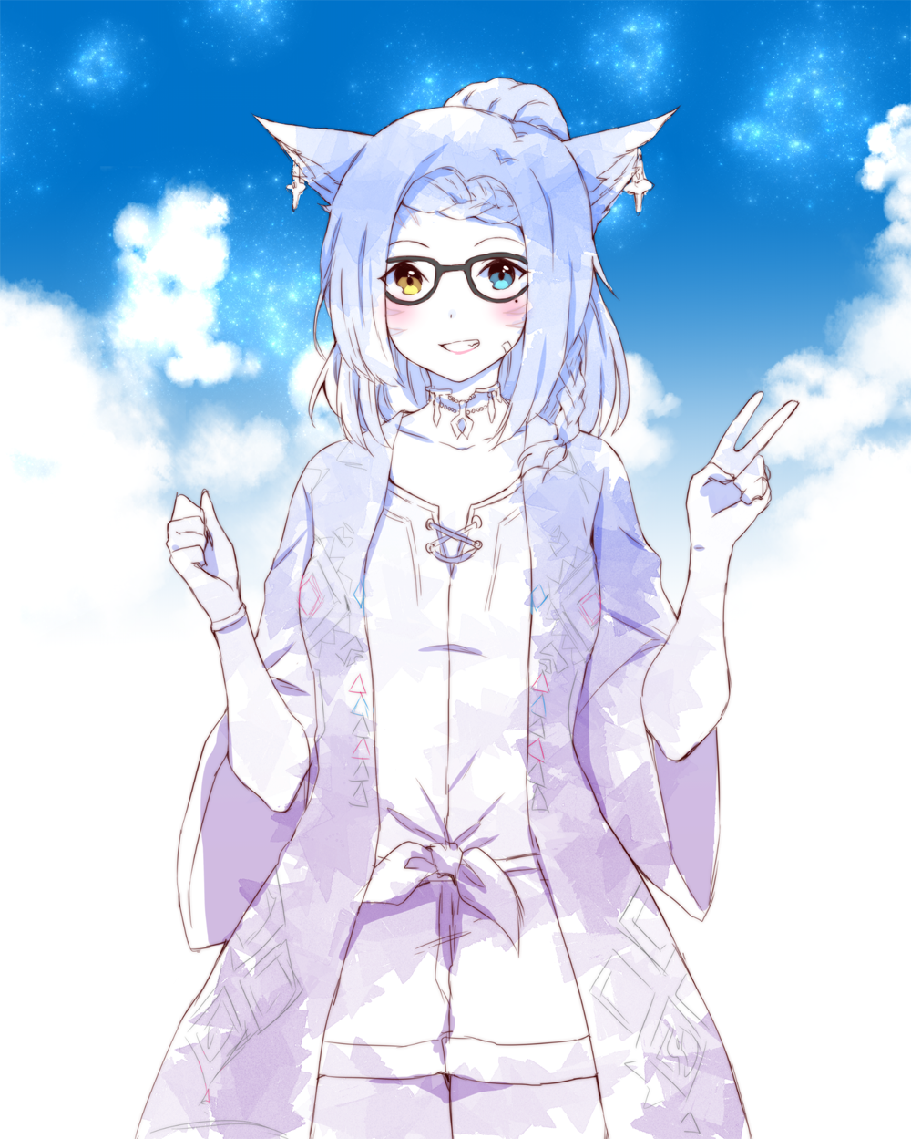 1girl animal_ears black-framed_eyewear blue_background blue_eyes blue_hair blush braid cat_ears commentary commission copyright_request earrings english_commentary glasses hand_up hands_up heterochromia highres jewelry long_sleeves looking_at_viewer mole mole_under_eye peachpii robe simple_background smile solo standing v whisker_markings wide_sleeves yellow_eyes