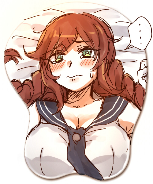 blush braid breast_mousepad breasts brown_hair green_eyes kantai_collection large_breasts long_hair mika_(1020mk) mousepad noshiro_(kantai_collection) school_uniform sketch solo tears