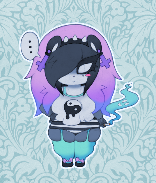 abstract_background bear blush breasts chibi chubby clothed clothing cute female fringe goth hair mammal natasha_patch panda pastel_goth slit_eyes smoking smutbunny solo thick_thighs two_tone_hair